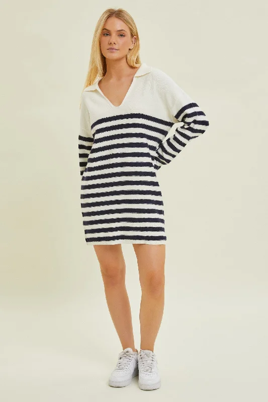 Ivory Striped Collared Long Sleeve Sweater DressV-Neck Knit Tops