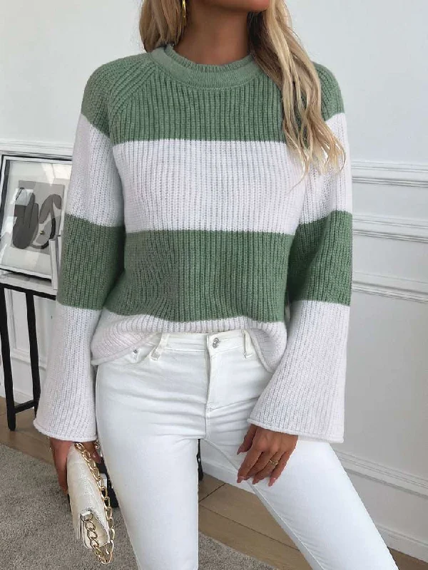 Knitted Colorblock Striped Pullover SweaterLace-Up Knit Tops