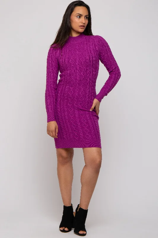 Magenta Cable Knit Mock Neck Long Sleeve Sweater DressLounge Knit Tops