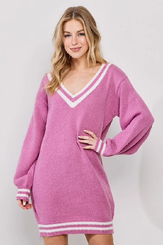 Mauve Oversized Varsity Striped V-Neck Sweater DressGraphic Knit Tops