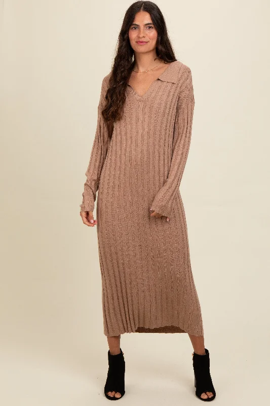 Mocha Ribbed Collared Midi Sweater DressTasseled Knit Tops