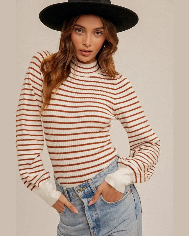 Mock Neck Stripe Bubble Sleeve Body SuitStreetwear Knit Tops