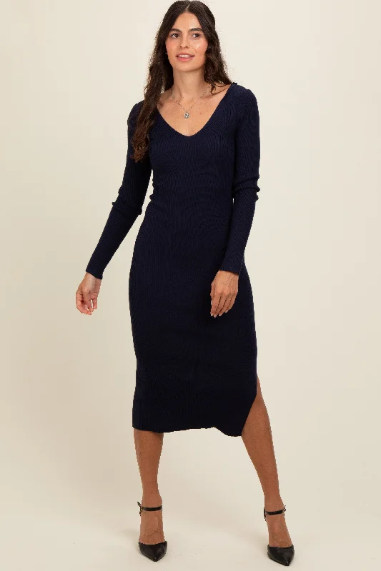 Navy Ribbed Knit Side Slit Midi DressAsymmetrical Knit Tops