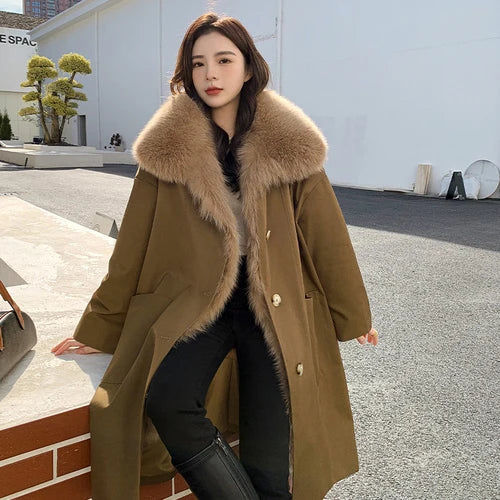 Trench CoatsRemovable Rex Rabbit Liner Real Fox Fur Collar Winter Coat for Women