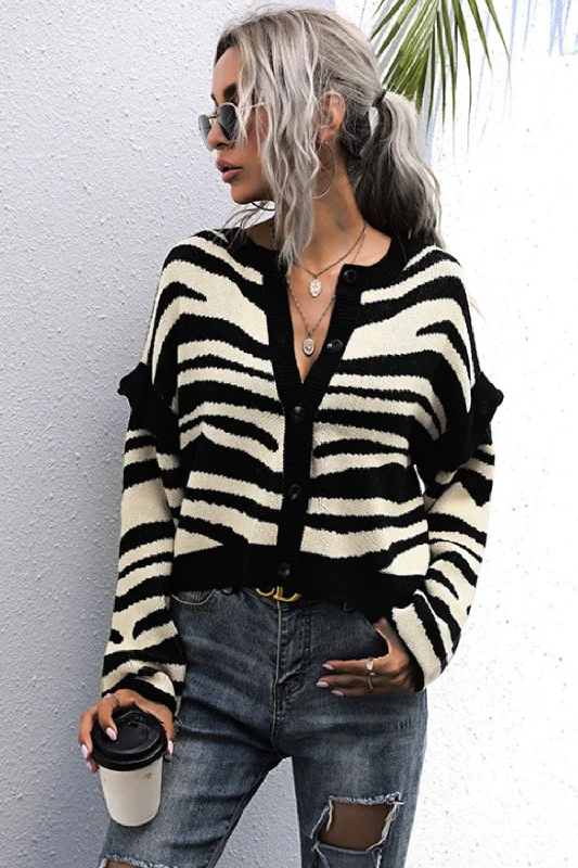 Striped Button-Down Round Neck Drop Shoulder CardiganAngora Knit Tops