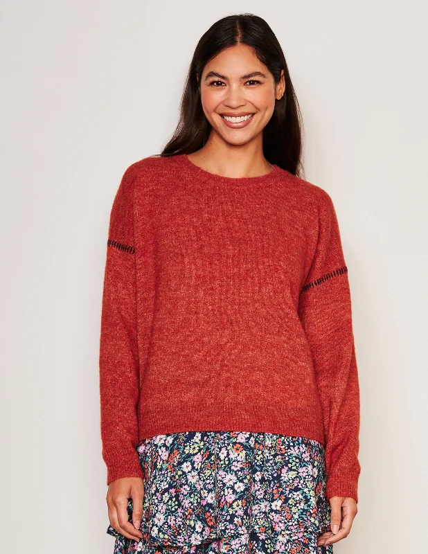 Sundry Baseball Stitch Crew Neck Sweater in Red RockMetallic Knit Tops