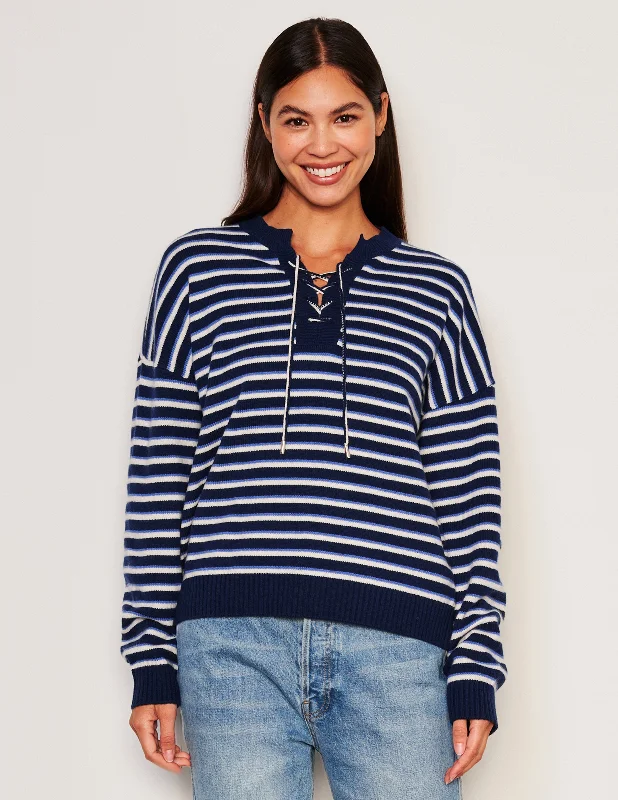 Sundry Stripes Lace Up Sweater in OysterBranded Knit Tops