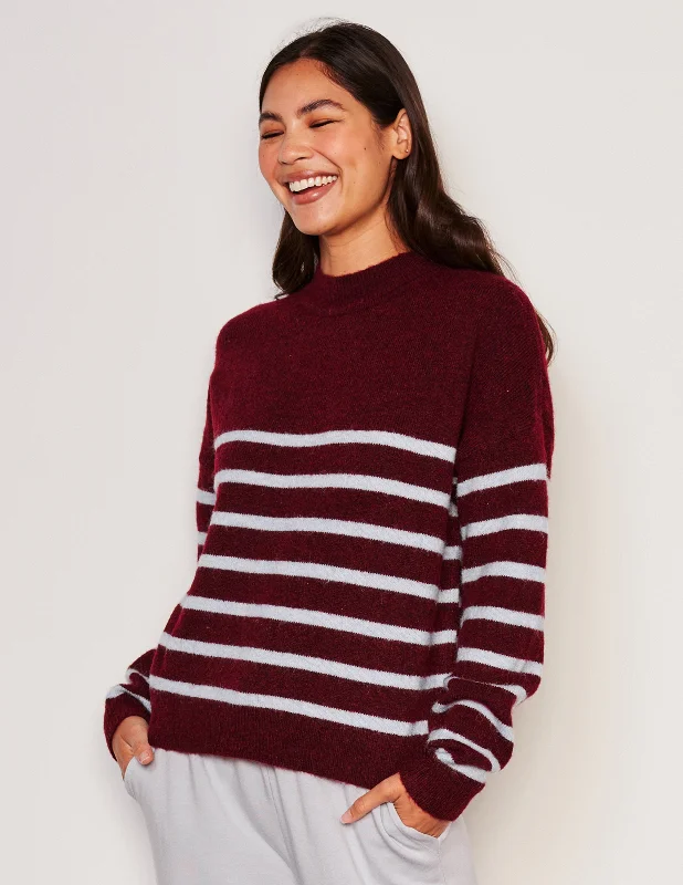 Sundry Stripes Mock Neck Cozy Sweater in BordeauxBamboo Knit Tops