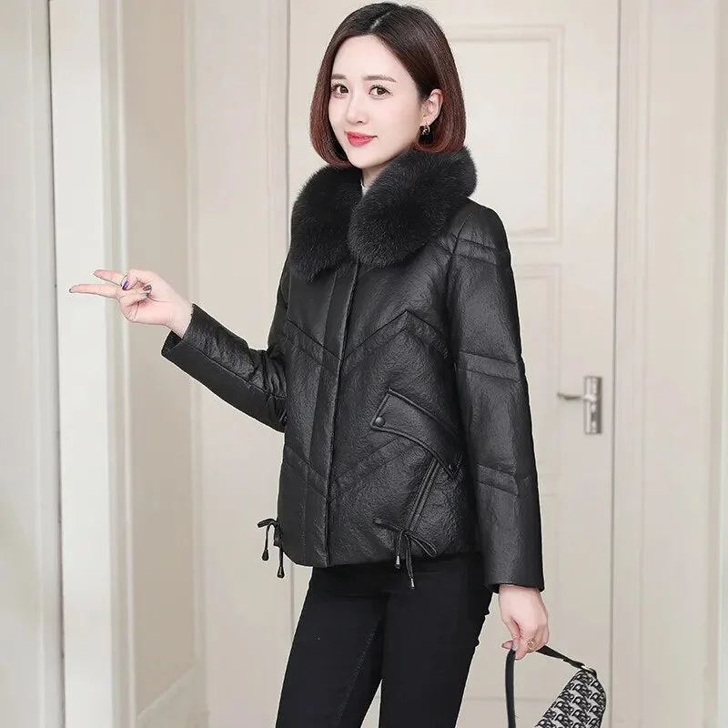 Sequined JacketsWomen’s Genuine Leather Down Fox Fur Collar Zipper Winter Coat