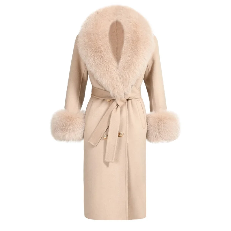 Quilted JacketsWomen's Beige Double Faced Wool Real Fox Fur Collar Cuffs Winter Jacket