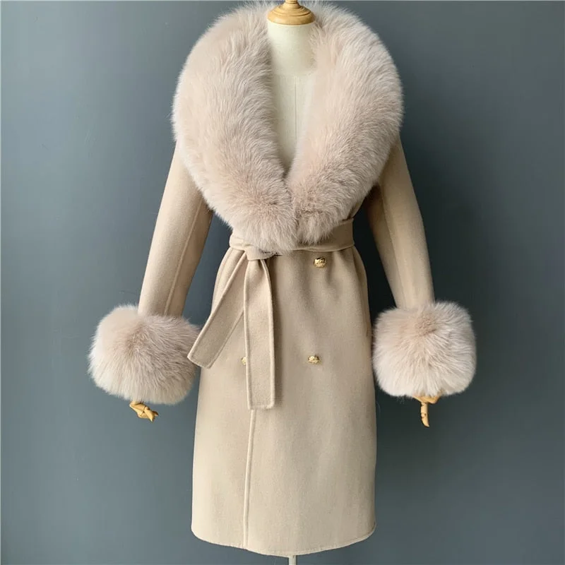 Streetwear JacketsWomen's Beige Real Fox Fur Collar Cashmere Wool Blends Long Winter Jacket