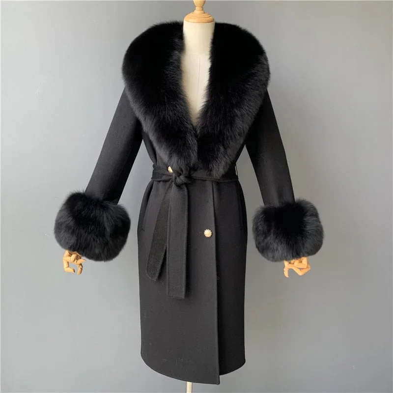 Outdoor JacketsWomen's Black Real Fox Fur Collar Cashmere Wool Blends Long Winter Jacket