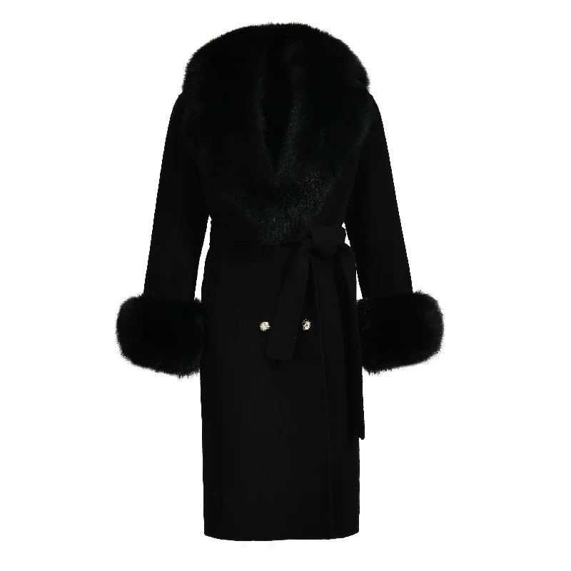 Fleece JacketsWomen's Black Wool Real Fox Fur Collar Cuffs Double Faced Winter Jacket