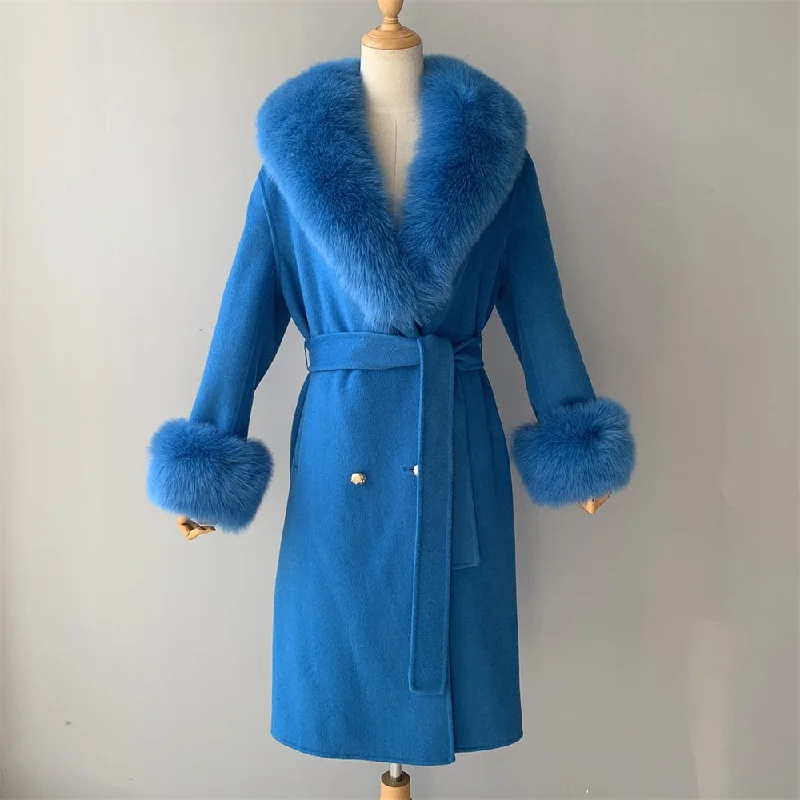 Quilted JacketsWomen's Blue Cashmere Wool Blends Real Fox Fur Collar Long Winter Jacket