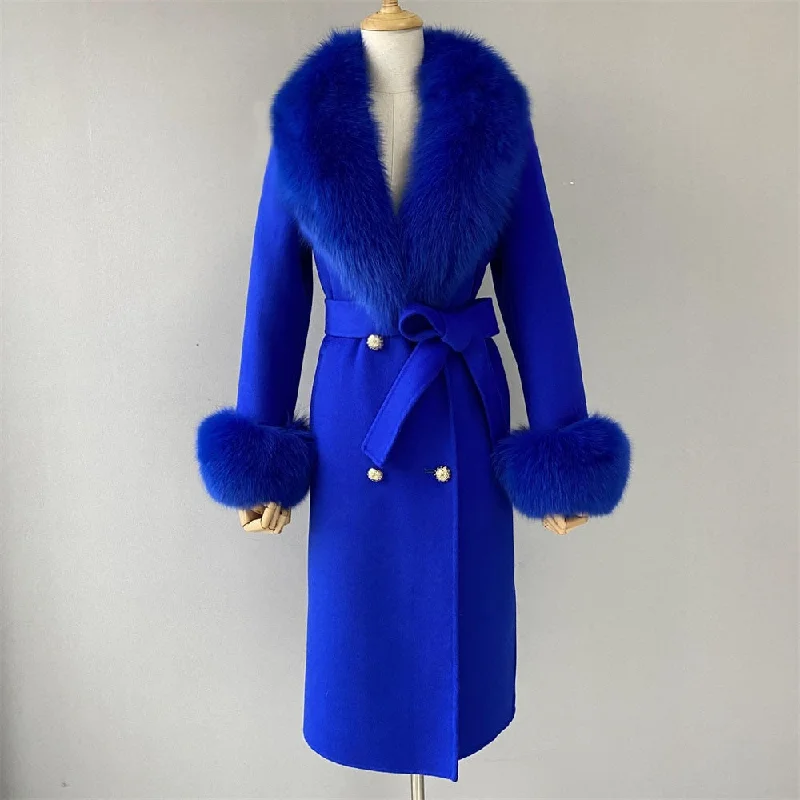 WindbreakersWomen's Blue Color Cashmere Wool Natural Fox Fur Collar Long Winter Jacket