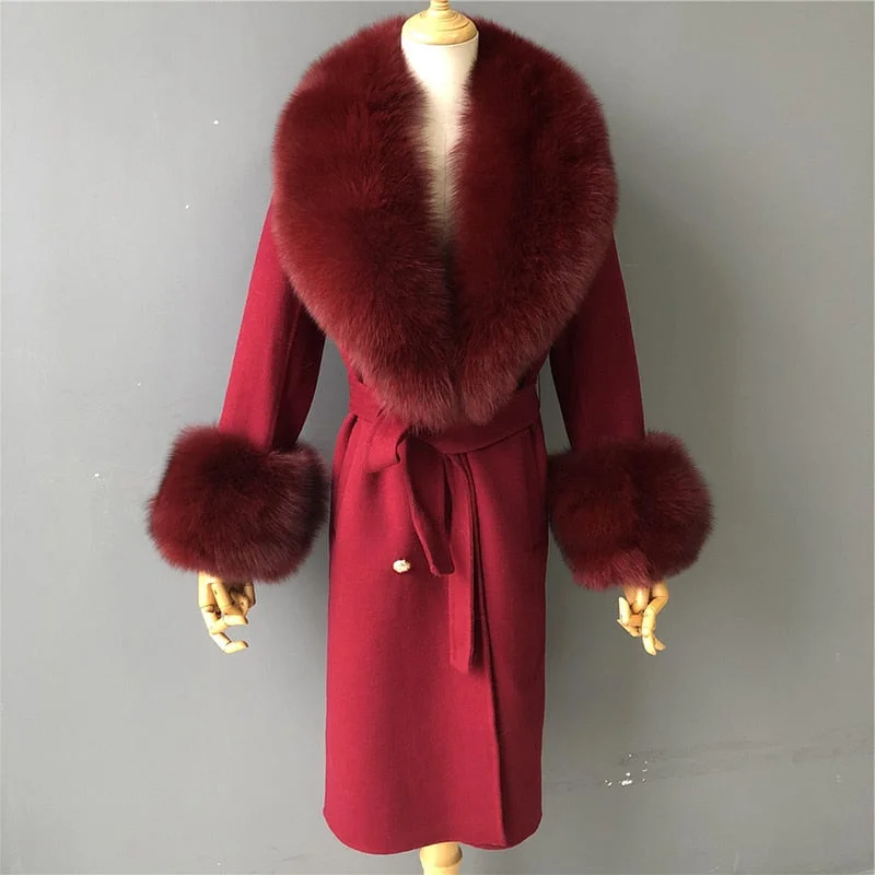 Summer JacketsWomen's Burgundy Cashmere Wool Blends Fox Fur Collar Long Winter Jacket