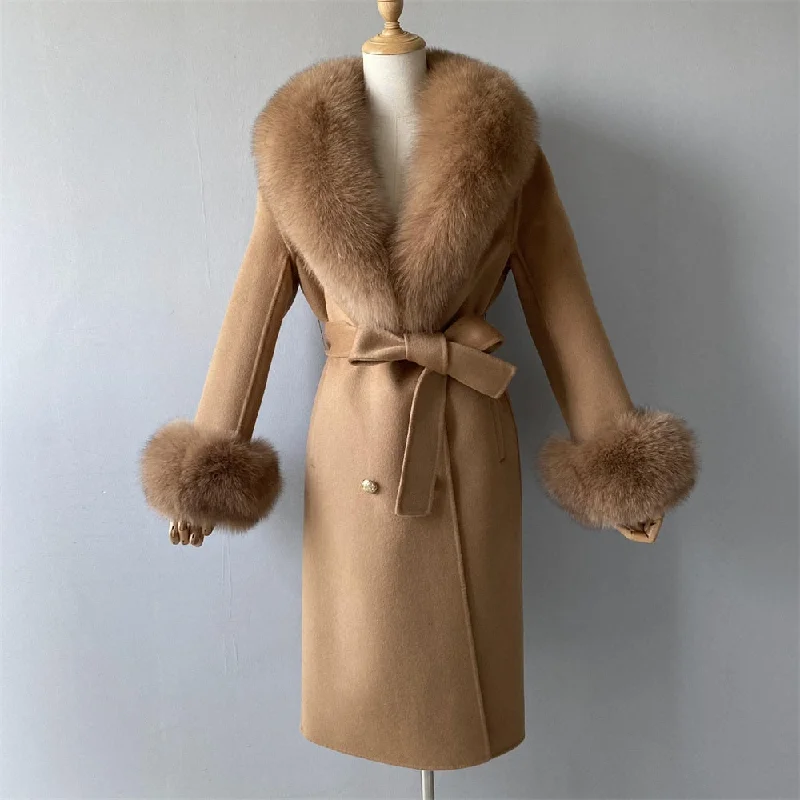 Artist JacketsWomen's Camel Brown Cashmere Wool Blends Real Fox Fur Collar Winter Jacket