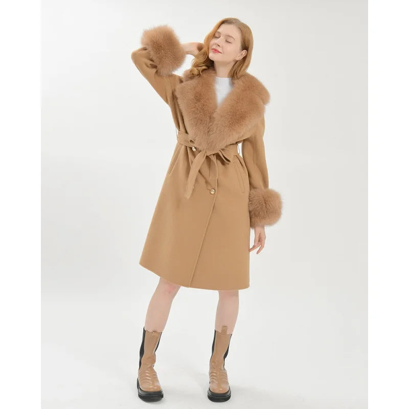 WindbreakersWomen's Camel Brown Wool Real Fur Collar Cuffs Double Faced Winter Jacket