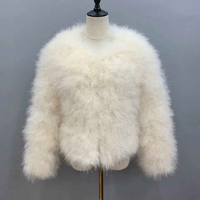 Logo JacketsWomen's Creamy White Furry Long Sleeve Casual Short Winter Jacket