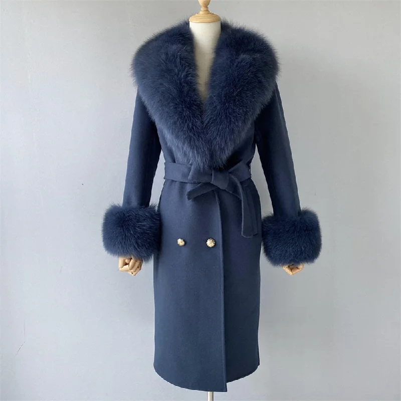 Band Merch JacketsWomen's Dark Blue Cashmere Wool Blends Real Fur Collar Long Winter Jacket