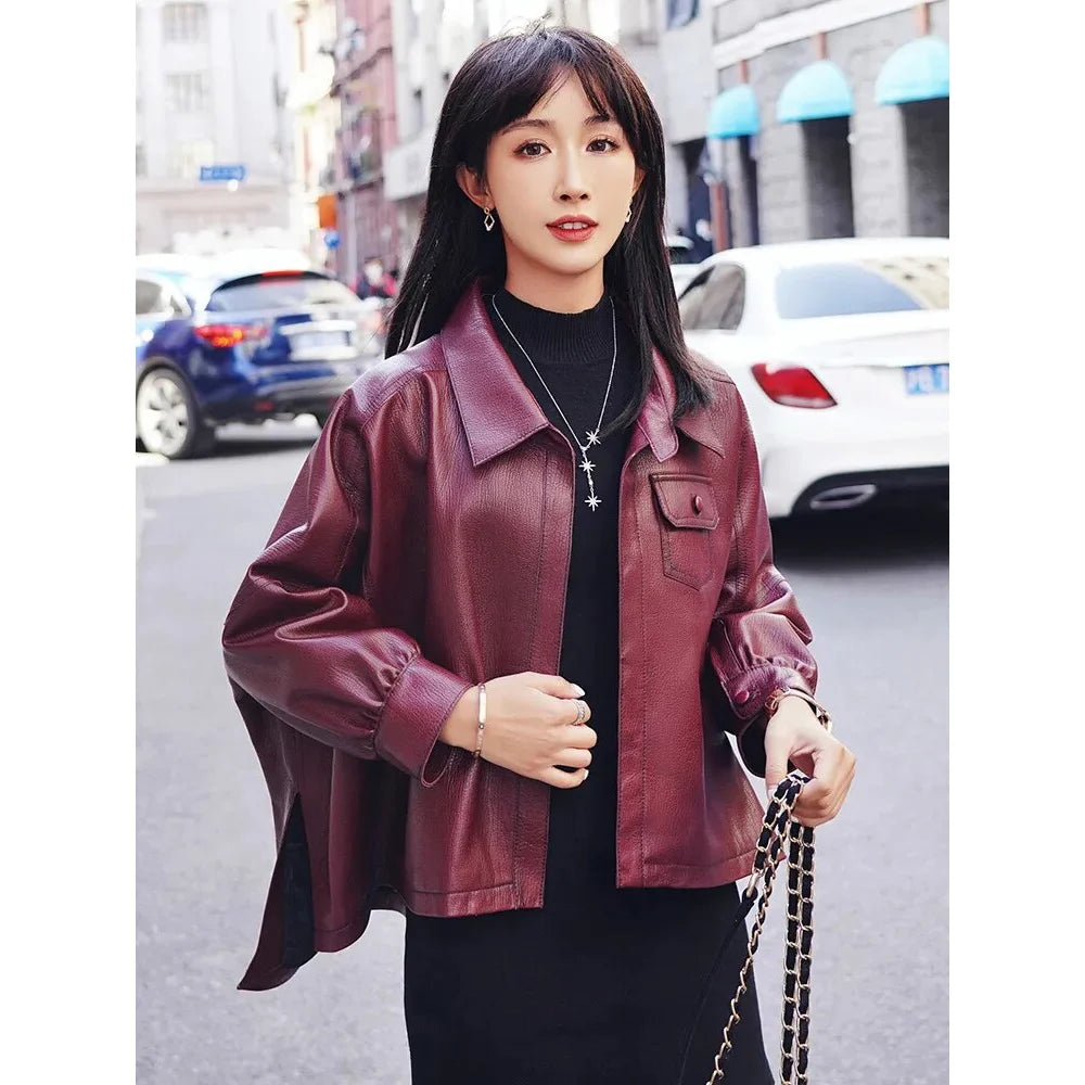 Ruffled JacketsWomen's Genuine Leather Printed Bubble Loose Fit Street Jacket