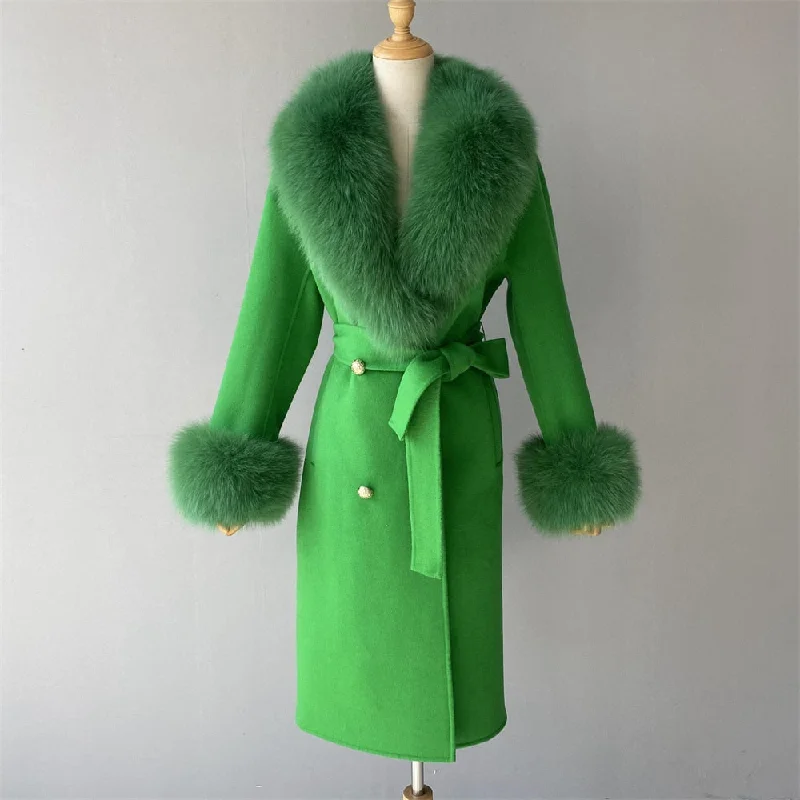 Pea CoatsWomen's Green Cashmere Real Fox Fur Collar Long Winter Jacket Outerwear