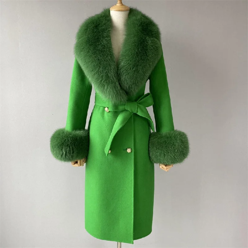 Faux Leather JacketsWomen's Green Wool Real Fur Collar Cuffs Double Faced Long Winter Jacket