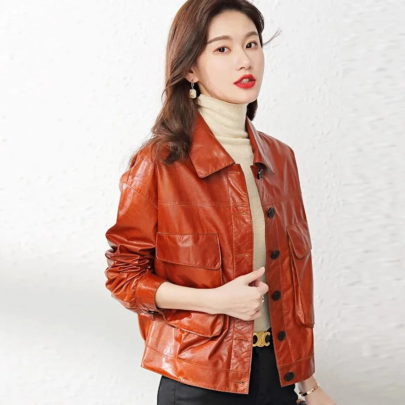 Cotton JacketsWomen's Korean Fashion Cowhide Leather Big Pocket Loose Short Jacket