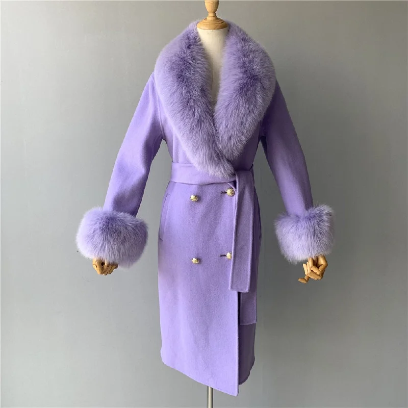 Field JacketsWomen's Lavender Winter Cashmere Wool Natural Fox Fur Collar Long Jacket