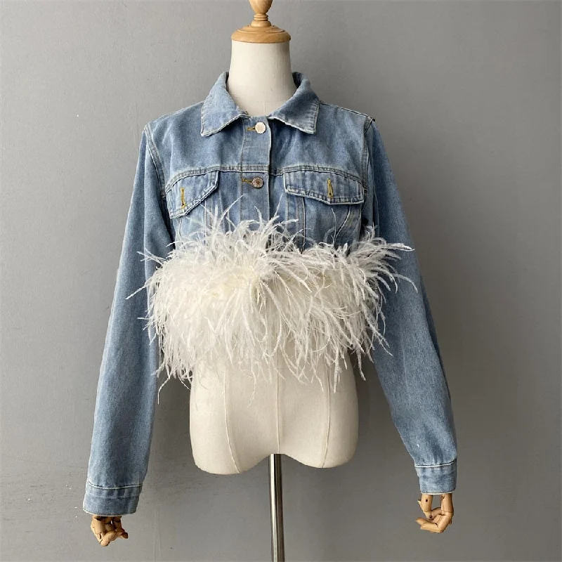 Tasseled JacketsWomen's Light Blue Denim Ostrich Feather Full Sleeves Jacket Outerwear