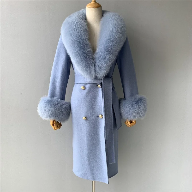 Embellished JacketsWomen's Light Blue Winter Cashmere Wool Natural Fox Fur Collar Long Jacket