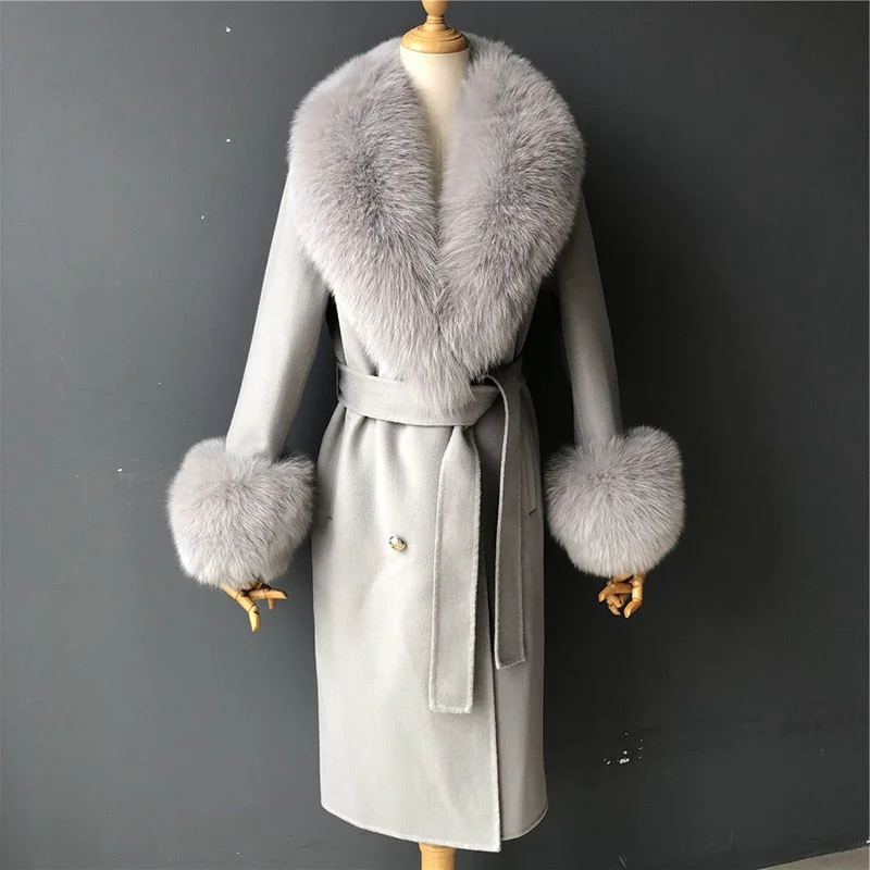 Hemp JacketsWomen's Light Gray Winter Cashmere Wool Natural Fox Fur Collar Long Jacket