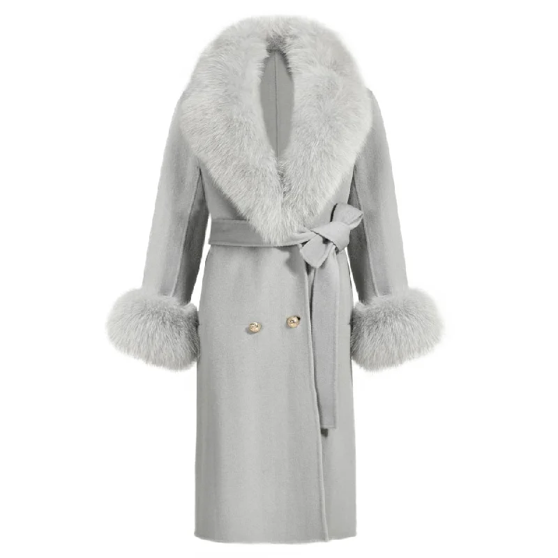 Varsity JacketsWomen's Light Gray Winter Wool Real Fur Collar Cuffs Double Faced Jacket