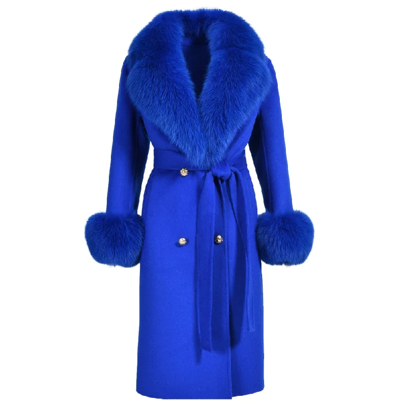 Safari JacketsWomen's Navy Blue Winter Wool Real Fur Collar Cuffs Double Faced Jacket