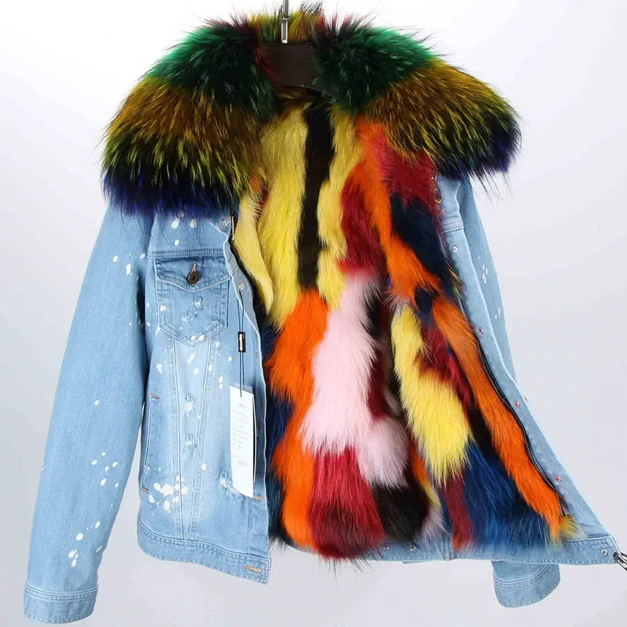 Wool JacketsWomen's Real Fox Fur Lined Large Raccoon Fur Collar Winter Denim Jacket