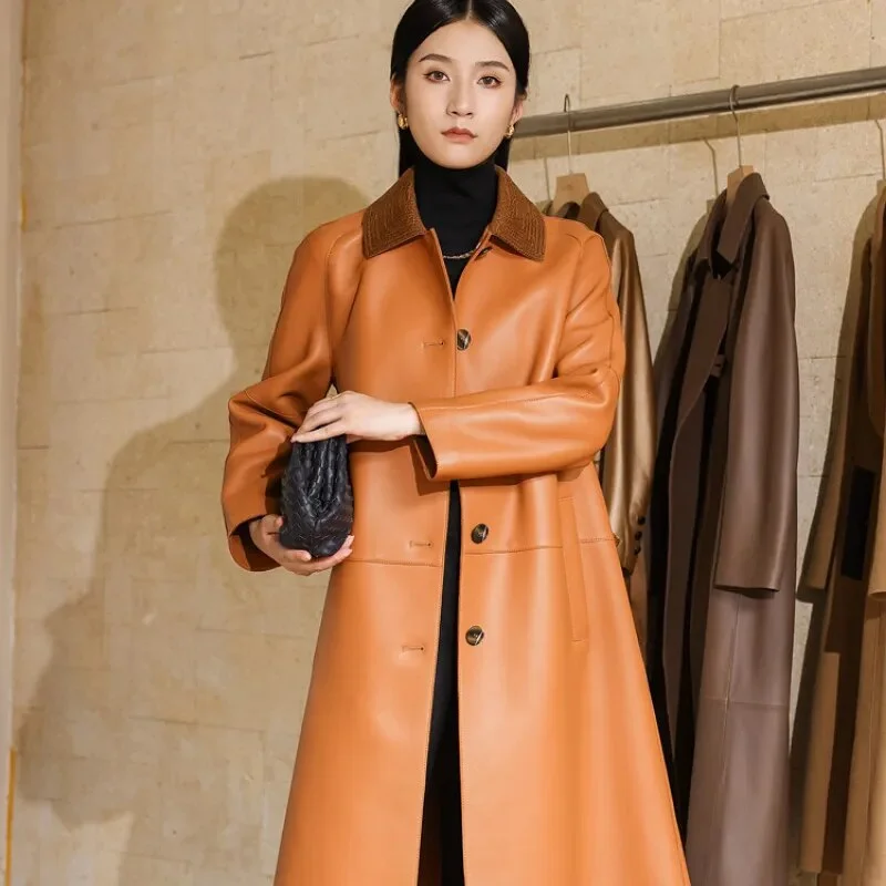 Luxury JacketsWomen's Real Sheepskin Double-Sided Single-Breasted Long Trench Coat