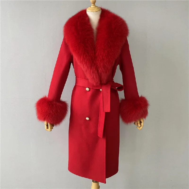 Camping JacketsWomen's Red Cashmere Wool Blends Natural Fox Fur Collar Long Winter Jacket