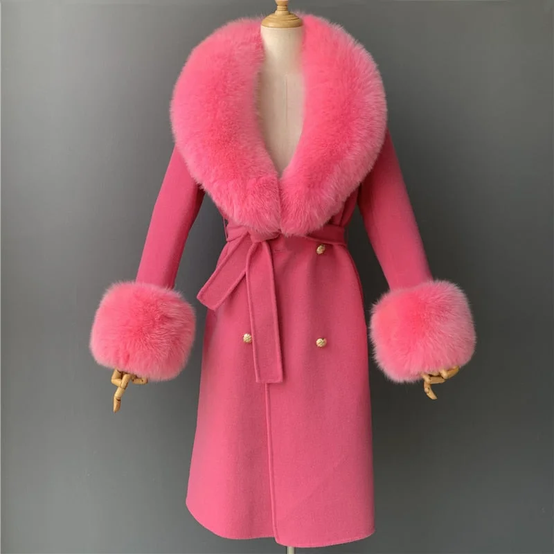 Logo JacketsWomen's Rose Red Cashmere Wool Natural Fox Fur Collar Long Winter Jacket