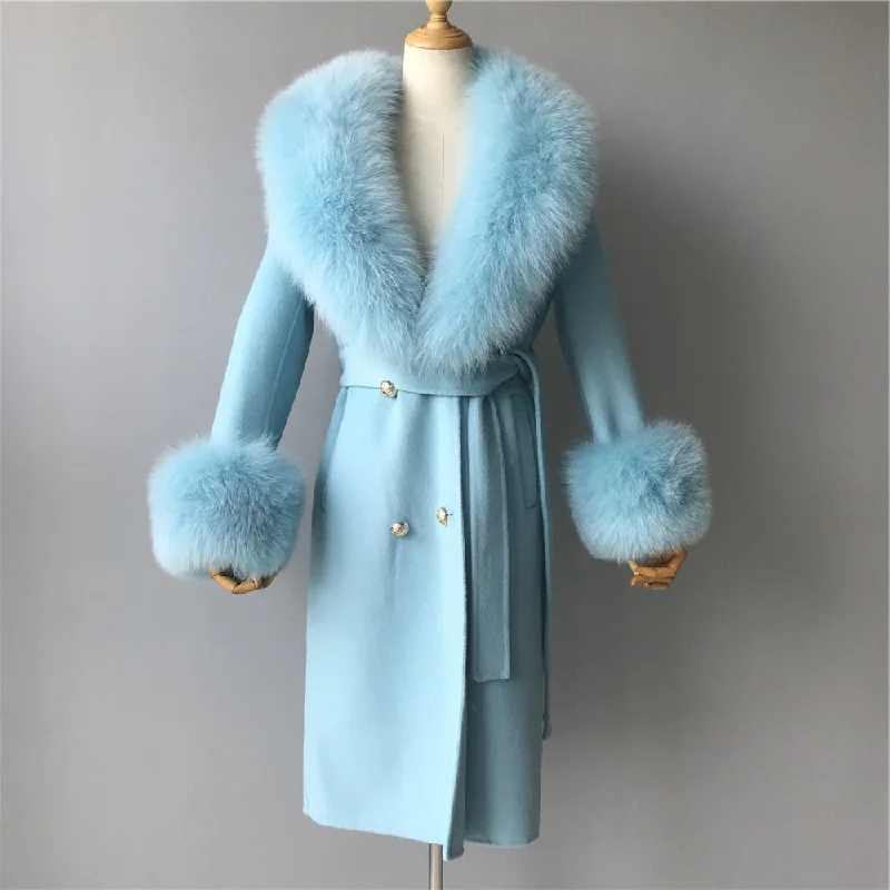 Hip-Hop JacketsWomen's Sky Blue Winter Cashmere Wool Natural Fox Fur Collar Long Jacket