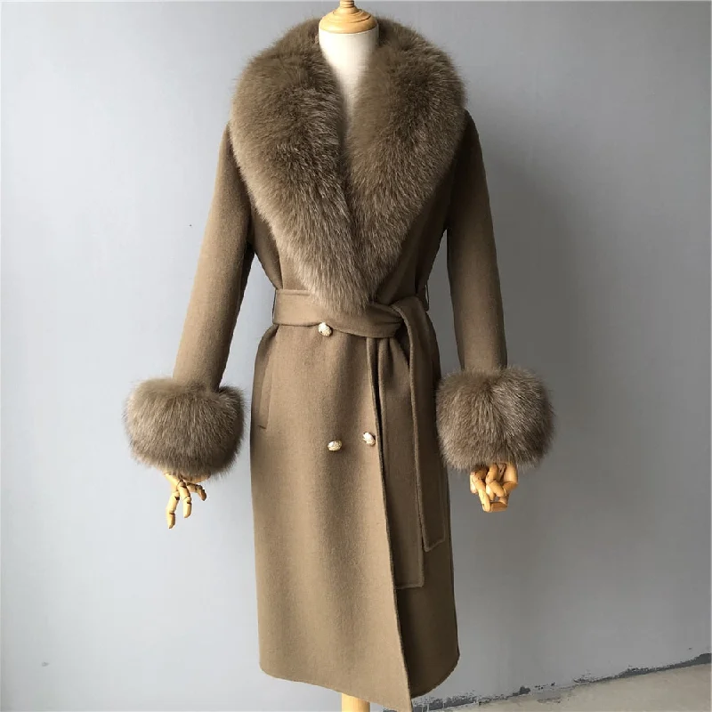 Cotton JacketsWomen's Solid Color Winter Cashmere Wool Natural Fur Collar Long Jacket