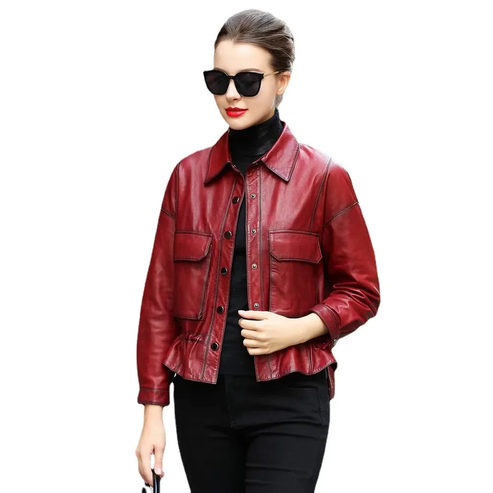 Faux Leather JacketsWomen's Spring Fashion Sheepskin Leather Streetwear Short Jackets