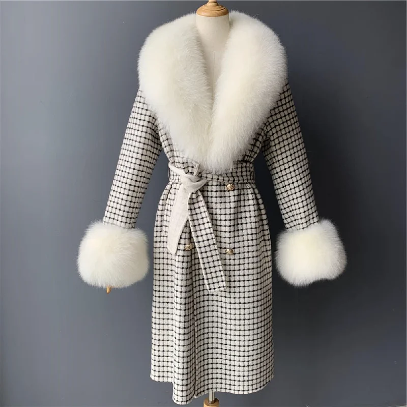 Bomber JacketsWomen's White Checked Winter Cashmere Wool Natural Fur Collar Long Jacket