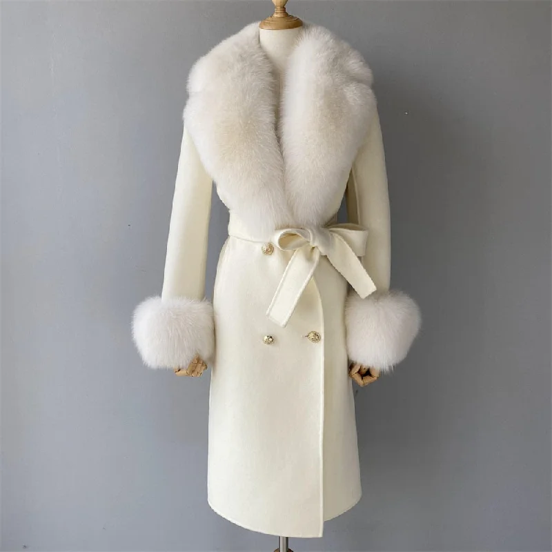 Puffer JacketsWomen's White Winter Wool Real Fox Fur Collar Cuffs Double Faced Jacket