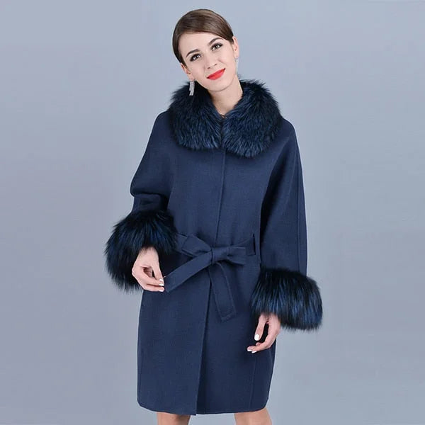 Corduroy JacketsWomen's Winter Cashmere Genuine Natural Real Fox Fur Sleeve Collar Jacket