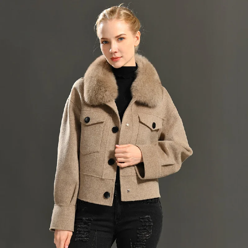 Varsity JacketsWomen's Winter Cashmere Wool Fur Collar Full Sleeves Pockets Crop Jackets