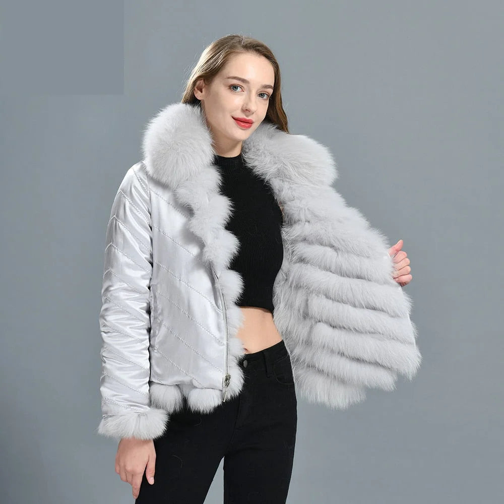 Pocketed JacketsWomen's Winter Solid Real Fox Fur Silk Liner Reversible Wear Zipper Jacket