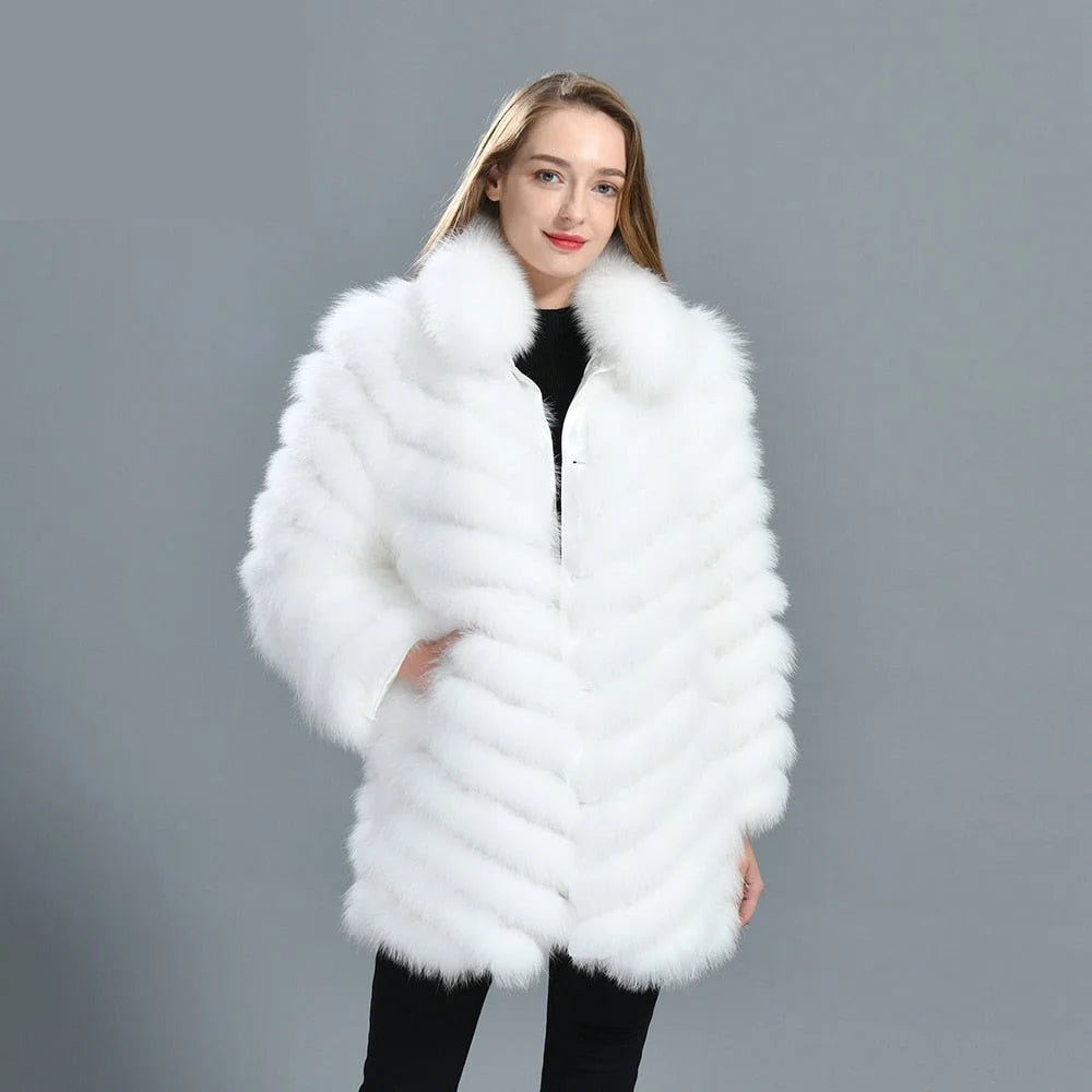 Ski JacketsWomen's Winter Warm Fluffy Real Fox Fur Silk Double-Sided Wear Long Jacket