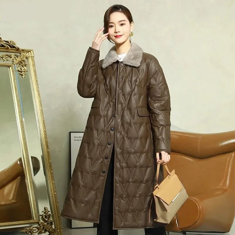 Hip-Hop JacketsWomen's Winter Warm Fur Collar Sheepskin Leather Button Long Coat