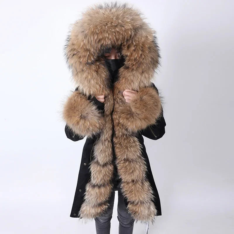 Designer JacketsWomen's Winter Warm Polyester Real Fox Fur Hooded Collar Jacket