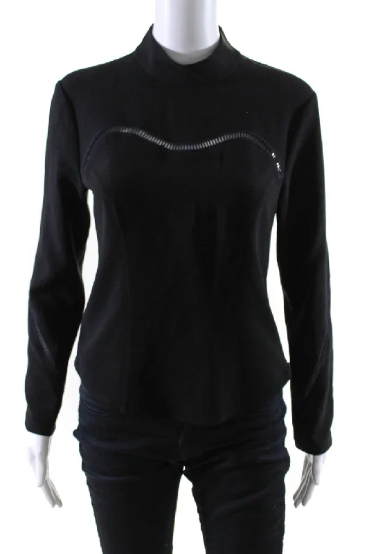 A.L.C. Womens Crepe Embroidered Mock Neck Long Sleeve Holly Top Black